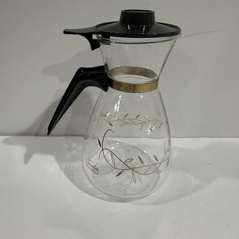 Vintage Tricolette Flameproof Glass Coffee Carafe Gold Leaf Vines MCM